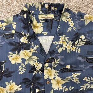Tommy Bahama Silk Hawaiian Aloha Shirt Blue Floral Palm Tree Scene Mens Large